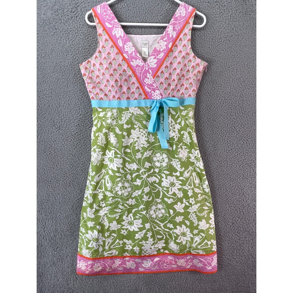 Garnet Hill Floral Empire‎ Waist Dress Womens 8 Green Pink Excellent Sleeveless